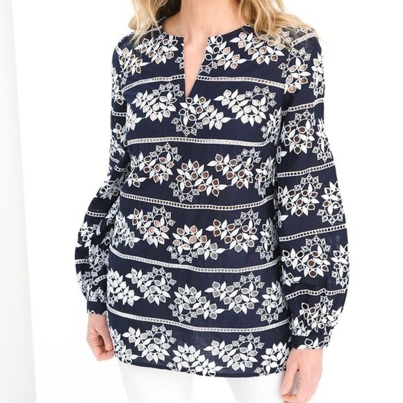 Chico’s Floral Embroidered Eyelet Tunic Top Womens Sz L Pullover Balloon Sleeves - Picture 4 of 13